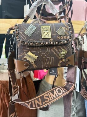 Brown Mini Crossbody Satchel with Decorative Plaques